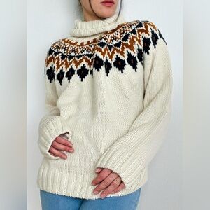 Rachel Zoe Fair Isle Nordic Cowl Neck Knit Sweater Pullover Off White Sz Large L